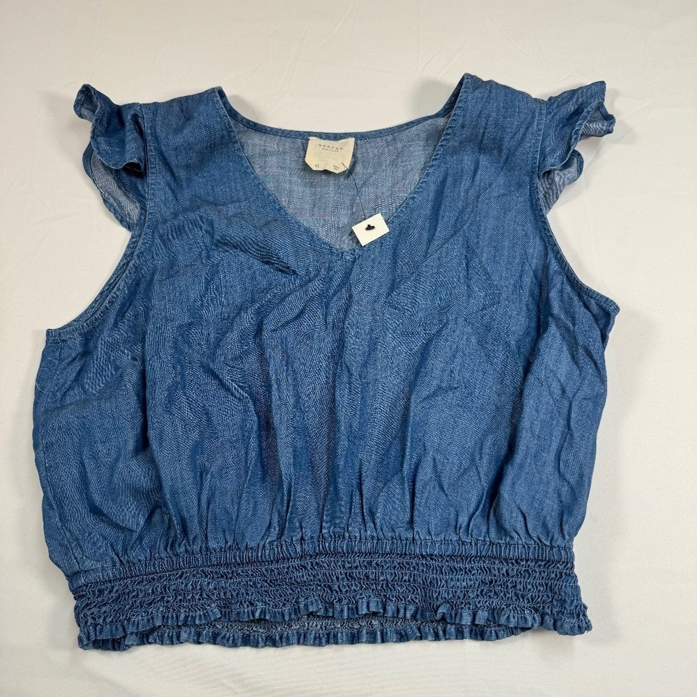 NWOT Womens Harper Heritage Denim Chambray Flutter Sleeve Smocked Waist Top XL